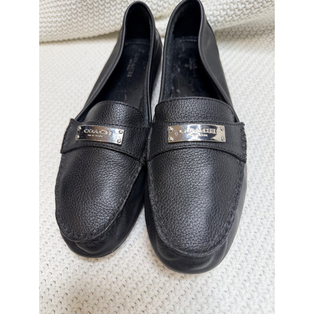 Coach Black Pebbled Leather Driving Loafers Silver Logo Plaque Flats Shoes